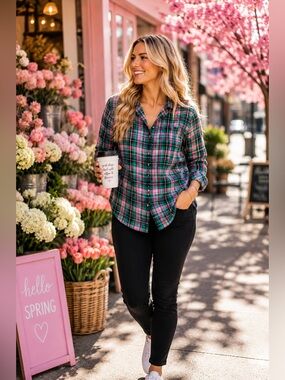 Victoria's Secret Green and Pink Plaid Button-Down Shirt